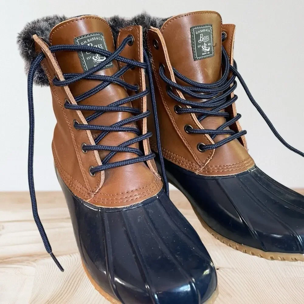 Bass Harlequin Winter Duck Boots Black Sz‎ 9 Womens Leather Rubber Faux Fur Trim
